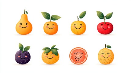 Obraz premium Colorful, smiling fruits arranged in two rows, featuring a pear, oranges, apples, and more, embodying a cheerful and vibrant theme.