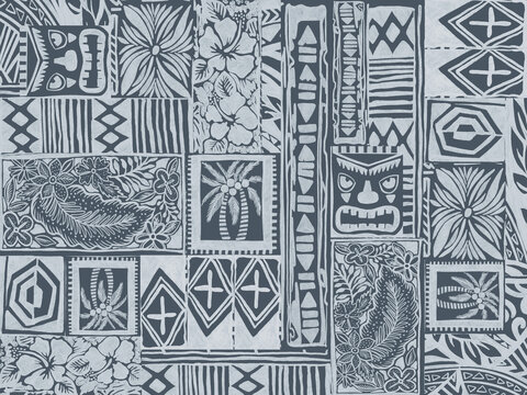 Hawaiian tribal exotic fabric and Polynesian tapa cloth patchwork abstract