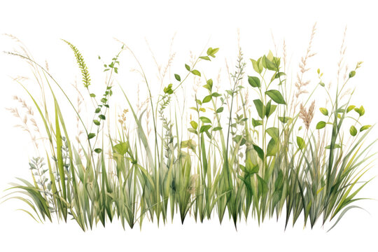 A patch of tall, untamed grass with delicate seed heads and vibrant green stems, isolated on a white background.