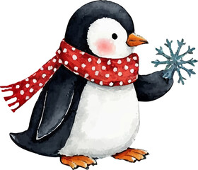 Cute penguin wearing a red scarf holds a snowflake during winter festivities in a cheerful illustration. Watercolor kids Christmas illustration