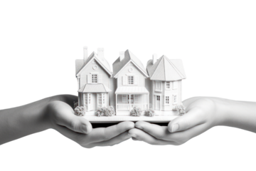 A pair of human hands holding a small house model delicately, with the white background