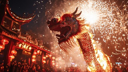 A stunning dragon dance performance under a starlit sky as the village celebrates the new year Fireworks illuminate the scene as the dragon symbolizes luck and strength A lively celebration 