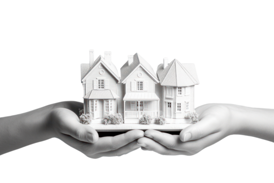 A pair of human hands holding a small house model delicately, with the white background - Powered by Adobe