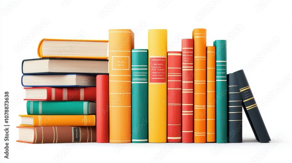 Poster a colorful collection of stacked books, showcasing various colors and sizes, representing knowledge,