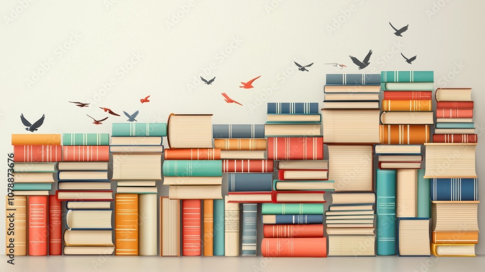 Aufkleber a vibrant stack of colorful books with flying birds in the background, creating a whimsical reading 