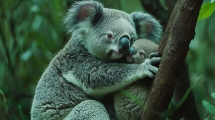 Obraz premium Koala Mother and Baby Joey in a Tree