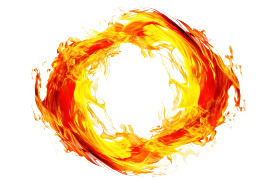 A dynamic ring of bright yellow and red fire swirling around a central point, isolated on white background