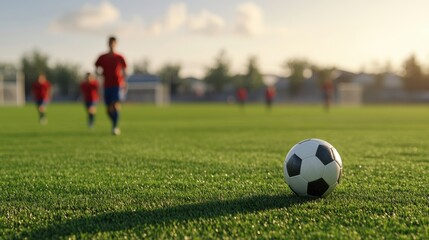 Fototapeta premium A soccer ball rests on the grass as players practice in the background during a sunny day at the field, creating a lively sports atmosphere.