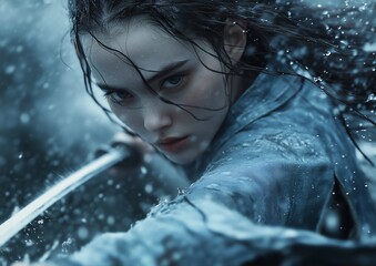 woman holding sword rain blue eyes closeup fight action girl parka full inspiring determined preparing