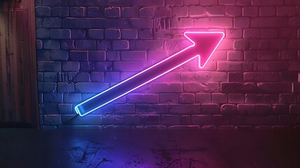 Neon arrow icon in neon style on a brick wall background.