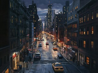 a painting of a city street at night