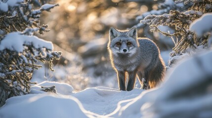 Obraz premium Silver Fox in a Snowy Forest - Wildlife Photography