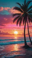Sunset over the sea in retro