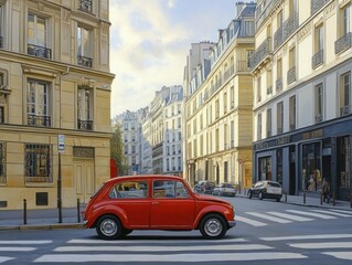 Obraz premium A painting of a Paris city street with a red car parked on the side of the road