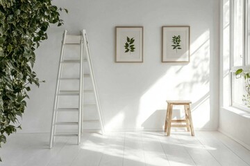 Clean Interior Design with White Ladder, Wooden Stool, Green Plants, and Framed Posters