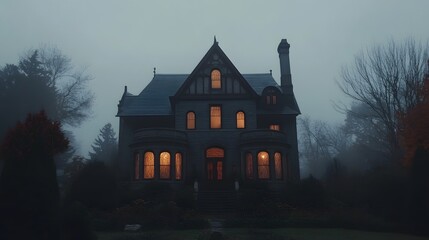 A large, old house with numerous windows in the style of Gothic architecture, with warm light inside and eerie lights outside, surrounded by dark trees on an autumn evening