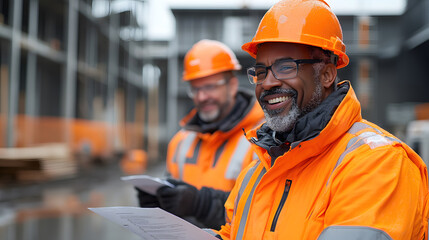 Construction Workers Confidence: A confident construction worker with a warm smile and a seasoned look, wearing a bright orange safety vest and hardhat, stands on a construction site.