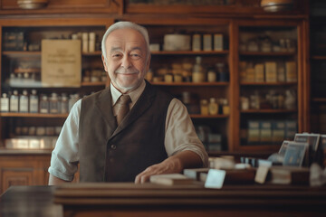 A male salesman in a tobacco shop stands behind the counter and smiles. Profession seller, shopping concept. Advertising banner.