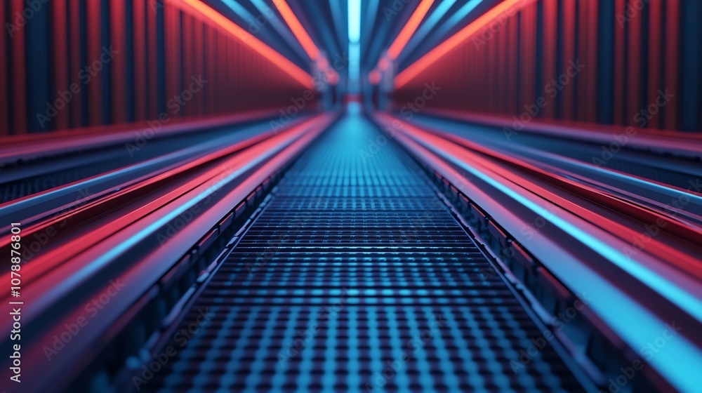 Poster futuristic conveyor belt network connecting optimized distribution levels in 3d
