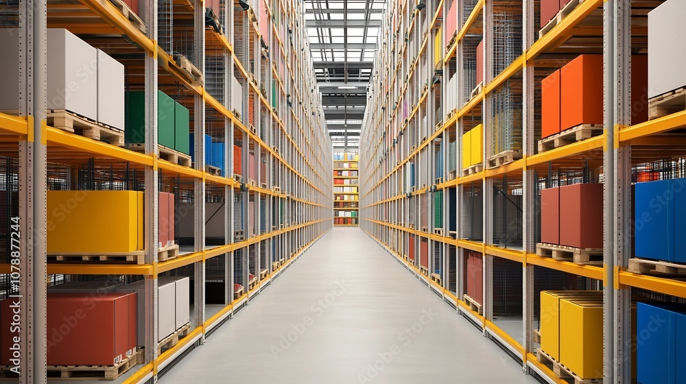 Aufkleber automated warehouse sorting facility with color-coded parcels and shelves