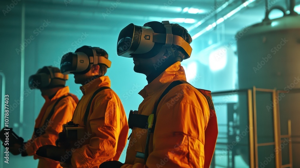 Poster factory workers using vr for immersive safety training in hazardous environments
