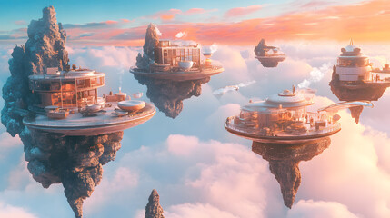 Obraz premium Aerial artisanal coffee flotilla, levitating bakeries, cloud-top cafe terraces, morning glory colors