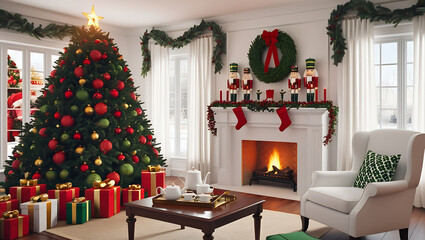 Cozy Traditional Christmas Living Room with Festive Decor and Fireplace, Christmas living room, holiday decor, Christmas tree, fireplace, Christmas decorations.