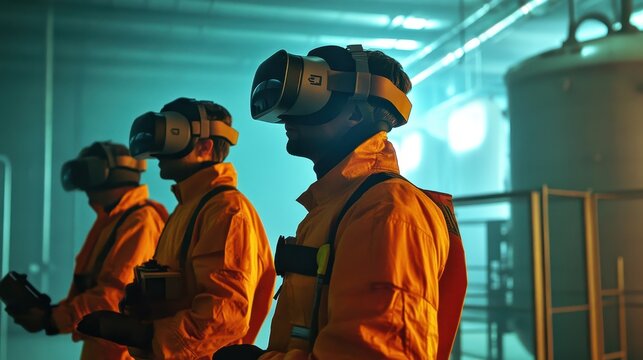 Factory workers using VR for immersive safety training in hazardous environments