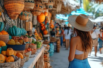 Fototapeta premium Woman in Straw Hat at a Colorful Market in Mexico - Photo