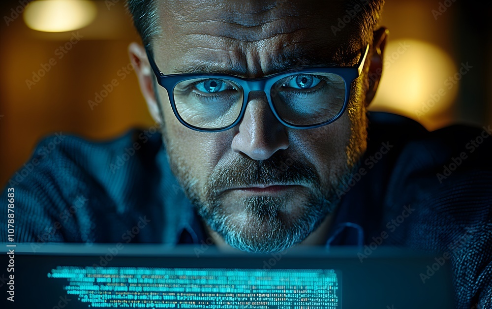 Poster a focused man with glasses stares intensely at a laptop screen displaying code.