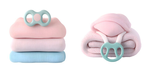 Soft baby blankets in pastel colors, neatly stacked, accompanied by a pacifier, creating a cozy, nurturing environment.