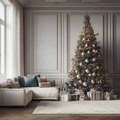 Aesthetic room interior design with Merry Christmas elements. Wall with New Year decoration in the apartment. Holiday tree in the room.