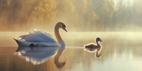 A serene scene of a majestic swan gliding gracefully on a calm lake. The gentle mist surrounds this beautiful moment. Nature embodies peace and elegance. AI