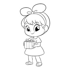 Cute girl with gift illustration coloring page - coloring book for kids