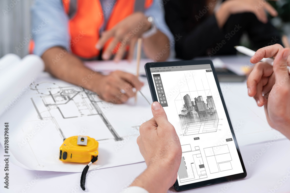 Aufkleber diverse group of civil engineer and client working together on architectural project, reviewing cons
