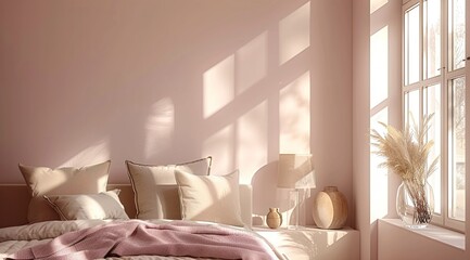 Close up pink bedroom with beige bed, pillows, 