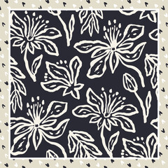 Monochrome black and white brush strokes inky flowers scarf or bandana design. Abstract floral contemporary minimalist background.