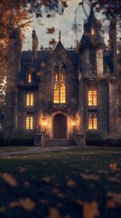 A large, old house with numerous windows in the style of Gothic architecture, with warm light inside and eerie lights outside, surrounded by dark trees on an autumn evening