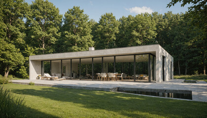 Obraz premium A modern house sits in a wooded area on a sunny day