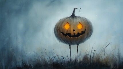 pumpkin glowing eyes field fog surrounds cheerful expression fear store spine chilling full spirits covered drapery