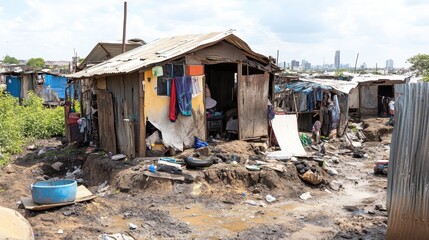 Family living in a makeshift shelter in an urban slum