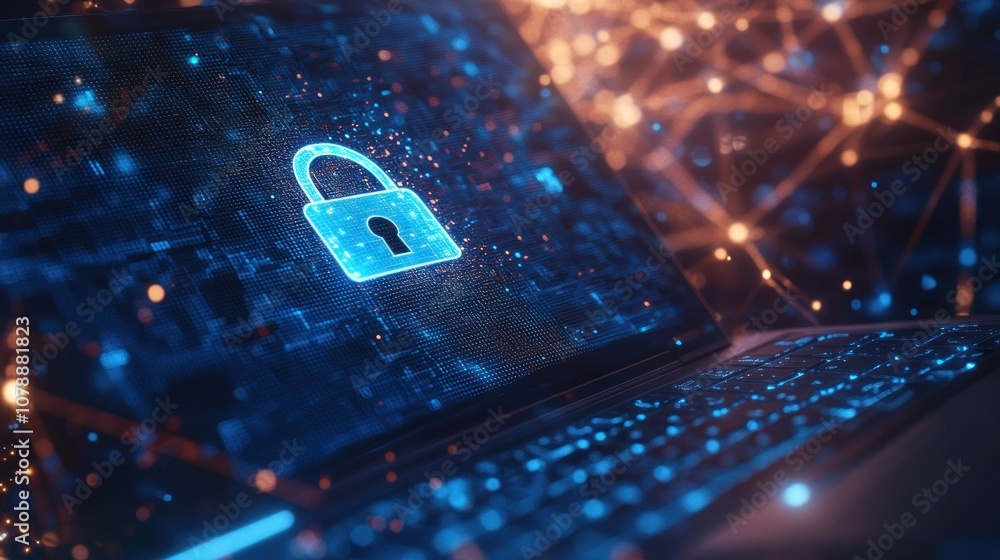Poster a laptop displaying a digital lock symbol, representing cybersecurity and data protection.
