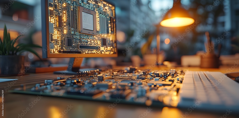 Poster a close-up of a circuit board beside a computer, highlighting technology in a workspace.
