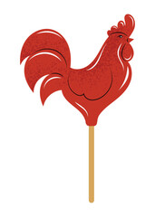 Traditional Russian lollipop candy in a shape of a rooster. Slavic candy on a stick. Hand drawn vector illustration