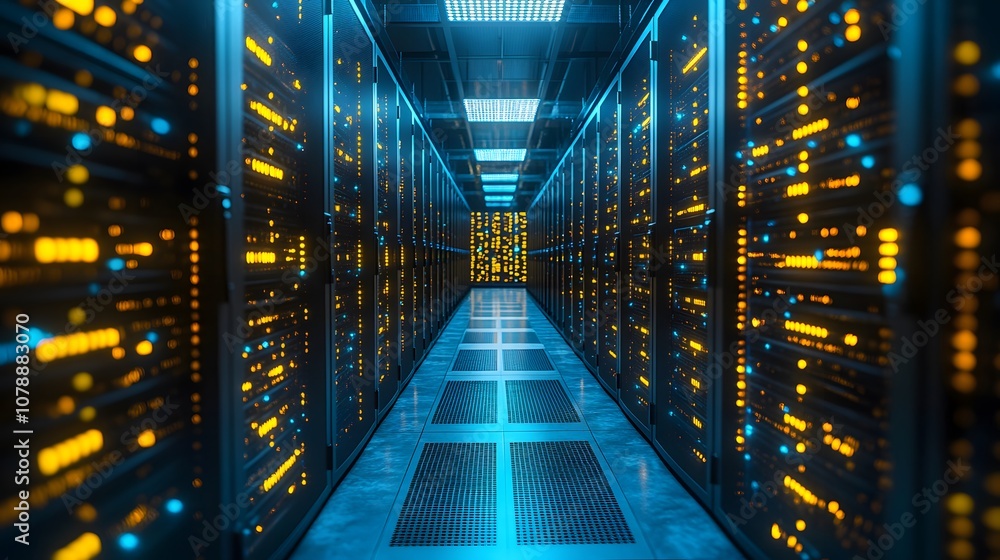 Poster a futuristic data center corridor filled with illuminated server racks.