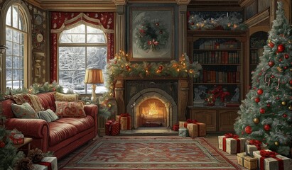 Fototapeta premium AI generator image of cozy Christmas, living room decorated for Christmas festival, Happy New Year 2025 miscellaneous illustrations,New Year's Eve, Christmas