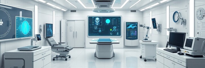 a modern and futuristic medical or operating room. The walls are white, giving a clean and sterile appearance. In the center of the room is an operating table, surrounded by various advanced medical. 