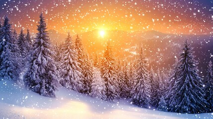 Fototapeta premium Majestic sunrise in the winter mountains landscape, A snowy forest with a pink sky in the background