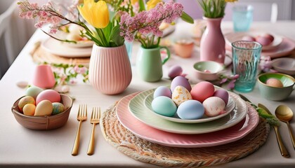 An Easter table with decorated eggs, flowers and pastel-colored dishes