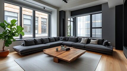 Naklejka premium Beautiful Modern Living room Interior with furniture's ,mockup frame , posters, wall -3d Rendering